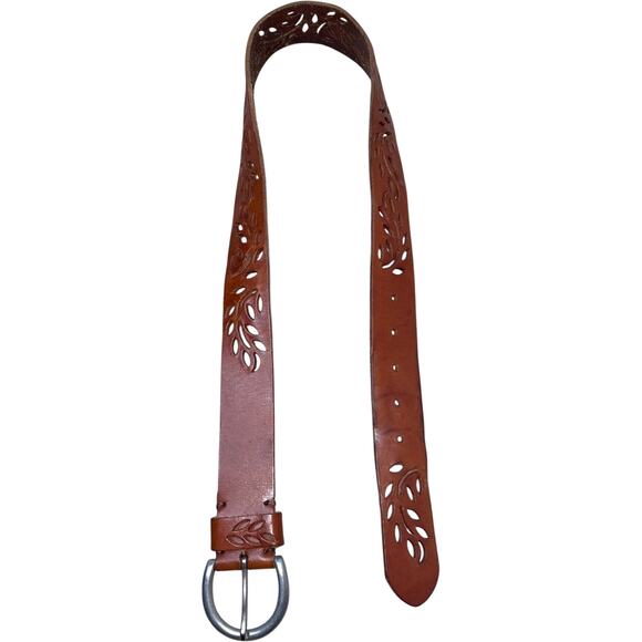 AIGLE Brown Perforated Laser Cut Real Leather Silver Buckle Belt   75 cm / 30 in - Picture 5 of 6